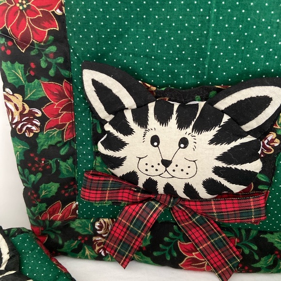 90s Christmas Cat Mitt potholder placemat SET quilted Holiday LOT Vintage Franco - Picture 6 of 16